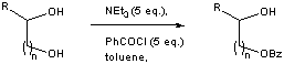 
			Reaction Scheme: Selective benzoylation of primary hydroxyl groups using triethylamine and benzoyl chloride under microwave irradiation.