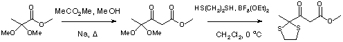 
			Reaction Scheme: Preparation of methyl 3,4-dioxopentanoate-4-ethylenedithioacetal