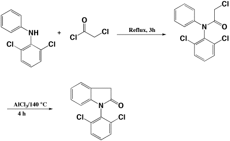 
			Reaction Scheme: Large Scale Preparation of Indoline-2-ones by Friedel-Crafts Cyclisation
