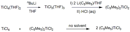 
			Reaction Scheme: Synthesis of (pentamethylcyclopentadienyl)titanium trichloride