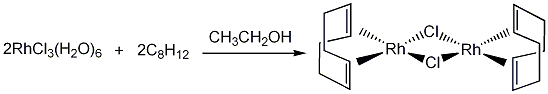 
			Reaction Scheme: Preparation of (1,5-cyclooctadiene)chlororhodium (I) dimer