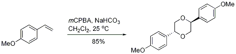 
			Reaction Scheme: ​<SPAN class=csm-chemical-name id=csm1268841592878 title=MCPBA grpid="1">MCPBA</SPAN> mediated cyclodimerization of <SPAN class=csm-chemical-name id=csm1268841667231 title=p-methoxystyrene grpid="2">p-methoxystyrene</SPAN> to <SPAN class=csm-chemical-name id=csm1268841695797 title=2,5-di(p-methoxyphenyl)-1,4-dioxane grpid="3">2,5-di(p-methoxyphenyl)-1,4-dioxane</SPAN>