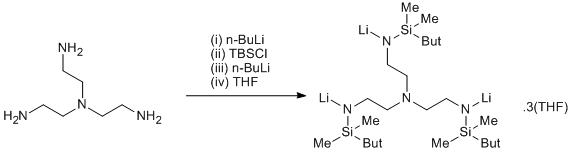 
			Reaction Scheme: Silylation of <span id="csm1276125113703" class="csm-chemical-name csm-not-validated" title="TREN">TREN</span> using <span id="ent634117249582057695_2059609696" class="csm-chemical-name csm-ambiguous" title="tert-butyldimethylsilyl chloride">tert-butyldimethylsilyl chloride</span> and subsequent tri-lithiation