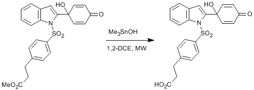 
			Reaction Scheme: A last resort method for methyl ester hydrolysis using trimethyltin hydroxide under microwave conditions.