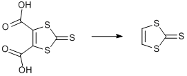 
			Reaction Scheme: TTF III. <span id="csm1274827672288" class="csm-reaction-type" title="Decarboxylation">Decarboxylation</span> of <span id="csm1274827349507" class="csm-chemical-name" title="1,3-dithiole-2-thione-4,5-dicarboxylic acid">1,3-dithiole-2-thione-4,5-dicarboxylic acid</span>