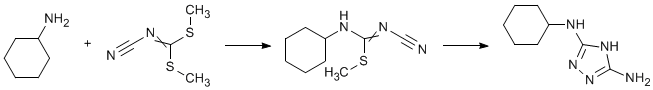 
			Reaction Scheme: <IMG src="/images/empty.gif">Action of <SPAN id=csm1304675192235 class=csm-chemical-name title="hydrazine hydrate" grpid="2">hydrazine hydrate</SPAN> on <SPAN id=csm1304639276570 class="csm-chemical-name csm-not-validated" title=N-cyano-N1-cyclohexyl-S-methylisothiourea>N-cyano-N<SUP>1</SUP>-cyclohexyl-S-methylisothiourea</SPAN><IMG src="/images/empty.gif">