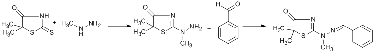
			Reaction Scheme: <IMG src="/images/empty.gif">Substitution reaction of <SPAN id=csm1305874501890 class=csm-chemical-name title=5,5-dimethylrhodanine grpid="1">5,5-dimethylrhodanine</SPAN> with <SPAN id=csm1305874493337 class=csm-chemical-name title=methylhydrazine grpid="2">methylhydrazine</SPAN> and imination with <SPAN id=csm1305874510981 class=csm-chemical-name title=benzaldehyde grpid="4">benzaldehyde</SPAN><IMG src="/images/empty.gif">