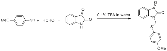 
			Reaction Scheme: <img src="/images/empty.gif" alt="" /><img src="/images/empty.gif" alt="" /><img src="/images/empty.gif" alt="" /><img src="/images/empty.gif" alt="" />Trifluoroacetic acid catalyzed thiophenylmethylation of isatins in aqueous medium&nbsp;<strong></strong><img src="/images/empty.gif" alt="" /><img src="/images/empty.gif" alt="" /><img src="/images/empty.gif" alt="" /><img src="/images/empty.gif" alt="" />
