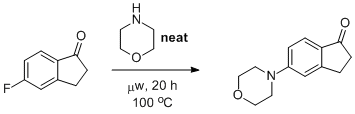 
			Reaction Scheme: <IMG src="/images/empty.gif"><IMG src="/images/empty.gif"><IMG src="/images/empty.gif">Nucleophilic Aromatic Substitution of <SPAN id=csm1398242478541 class="csm-chemical-name csm-not-validated" title=5-fluoro-1-indanone grpid="1">5-fluoro-1-indanone</SPAN> with <SPAN id=csm1398242485975 class=csm-chemical-name title=morpholine grpid="2">morpholine</SPAN><IMG src="/images/empty.gif"><IMG src="/images/empty.gif"><IMG src="/images/empty.gif">