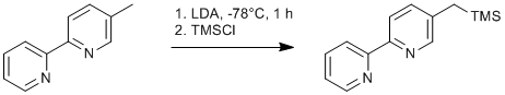
			Reaction Scheme: <IMG src="/images/empty.gif"><IMG src="/images/empty.gif">Silyation of <SPAN id=csm1408726609040 class=csm-chemical-name title="5-methyl-2,2'-bipyridine" grpid="1">5-methyl-2,2'-bipyridine</SPAN><IMG src="/images/empty.gif"><IMG src="/images/empty.gif">