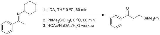 
			Reaction Scheme: <IMG src="/images/empty.gif">Alkylation of a Cyclohexylimine with <SPAN id=csm1408116068763 class="csm-chemical-name csm-not-validated" title=(iodomethyl)dimethylphenylsilane grpid="1">(iodomethyl)dimethylphenylsilane</SPAN><IMG src="/images/empty.gif">