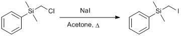 
			Reaction Scheme: <IMG src="/images/empty.gif">Finkelstein Reaction&nbsp;of <SPAN id=csm1410192661828 class="csm-chemical-name csm-not-validated" title=(Chloromethyl)dimethyl(phenyl)silane grpid="2">(Chloromethyl)dimethyl(phenyl)silane</SPAN> with <SPAN id=csm1410192669824 class=csm-chemical-name title="Sodium Iodide" grpid="3">Sodium Iodide</SPAN><IMG src="/images/empty.gif">