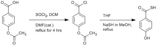 
			Reaction Scheme: <IMG src="/images/empty.gif">Chlorination of <SPAN id=csm1415881650244 class=csm-chemical-name title="4-acetoxybenzoic acid" grpid="1">4-acetoxybenzoic acid</SPAN> and subsequent substitution with hydrosulfide<IMG src="/images/empty.gif">