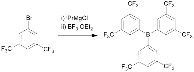 
			Reaction Scheme: <IMG src="/images/empty.gif"><IMG src="/images/empty.gif">Alkylation of&nbsp;<SPAN id=csm1450264954038 class=csm-chemical-name title="boron trifluoride" grpid="1">boron trifluoride</SPAN>&nbsp;with a <SPAN id=csm1450264984208 class="csm-chemical-name csm-not-validated" title="3,5-bis(trifluoromethyl)phenyl Grignard" grpid="2">3,5-bis(trifluoromethyl)phenyl Grignard</SPAN> reagent<IMG src="/images/empty.gif"><IMG src="/images/empty.gif">