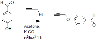 
			Reaction Scheme: <IMG src="/images/empty.gif">Etherification of <SPAN id=csm1529313043105 class="csm-chemical-name csm-not-validated" title=4-hydroxybenzaldhyde grpid="1">4-hydroxybenzaldhyde</SPAN> with <SPAN id=csm1529313049776 class=csm-chemical-name title="propargyl bromide" grpid="2">propargyl bromide</SPAN><IMG src="/images/empty.gif">