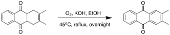 
			Reaction Scheme: <div><strong></strong></div>
<div><strong></strong></div>
<div><strong></strong></div>
<div>Oxidation of 1,4,4a,9a-tetrahydro-2,3-dimethyl-9,10-anthracenedione<strong> </strong><!--  /* Font Definitions */  @font-face 	{font-family:"Cambria Math"; 	panose-1:2 4 5 3 5 4 6 3 2 4; 	mso-font-charset:0; 	mso-generic-font-family:roman; 	mso-font-pitch:variable; 	mso-font-signature:3 0 0 0 1 0;}  /* Style Definitions */  p.MsoNormal, li.MsoNormal, div.MsoNormal 	{mso-style-unhide:no; 	mso-style-qformat:yes; 	mso-style-parent:""; 	margin:0in; 	mso-pagination:widow-orphan; 	font-size:12.0pt; 	font-family:"Times New Roman",serif; 	mso-fareast-font-family:"Times New Roman";} .MsoChpDefault 	{mso-style-type:export-only; 	mso-default-props:yes; 	font-size:11.0pt; 	mso-ansi-font-size:11.0pt; 	mso-bidi-font-size:11.0pt; 	font-family:"Calibri",sans-serif; 	mso-ascii-font-family:Calibri; 	mso-ascii-theme-font:minor-latin; 	mso-fareast-font-family:Calibri; 	mso-fareast-theme-font:minor-latin; 	mso-hansi-font-family:Calibri; 	mso-hansi-theme-font:minor-latin; 	mso-bidi-font-family:"Times New Roman"; 	mso-bidi-theme-font:minor-bidi;} .MsoPapDefault 	{mso-style-type:export-only; 	margin-bottom:8.0pt; 	line-height:107%;}size:8.5in 11.0in; 	margin:1.0in 1.0in 1.0in 1.0in; 	mso-header-margin:.5in; 	mso-footer-margin:.5in; 	mso-paper-source:0;} div.WordSection1 	{page:WordSection1;}--></div>