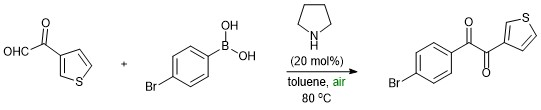 
			Reaction Scheme: Synthesis of 1-(4-bromophenyl)-2-(thiophen-3-yl)ethane-1,2-dione through 2-oxoiminium mediated oxidative cross coupling<strong> </strong>reaction