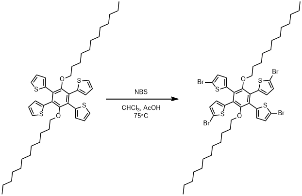 
			Reaction Scheme: Bromination of 2,2',2'',2'''-(3,6-bis(dodecyloxy)benzene-1,2,4,5-tetrayl)tetrathiophene