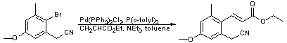 
			Reaction Scheme: High temperature Heck coupling of (2-bromo-5-methoxy-3-methylphenyl)-acetonitrile with ethyl acrylate.