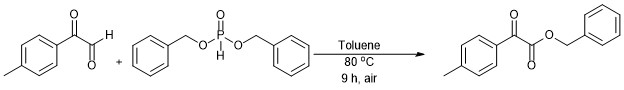 
			Reaction Scheme: Synthesis of Benzyl 2-oxo-2-(p-tolyl)acetate through 2-Oxo Promoted Hydrophosphonylation followed by Aerobic Intramolecular Nucleophilic Displacement Reaction
