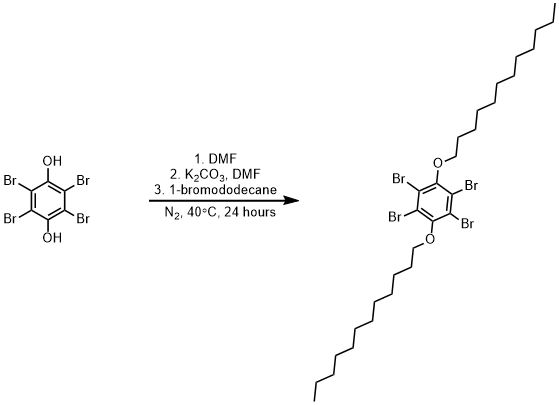 
			Reaction Scheme: Alkylation of 2,3,5,6-tetrabromobenzene-1,4-diol with bromododecane