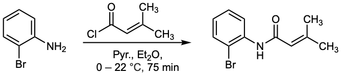 Image for article Amidation of 3,3-dimethylacryloyl chloride      <!--  /* Font Definitions */  @font-face 	{font-family:"Cambria Math"; 	panose-1:2 4 5 3 5 4 6 3 2 4; 	mso-font-charset:0; 	mso-generic-font-family:roman; 	mso-font-pitch:variable; 	mso-font-signature:3 0 0 0 1 0;}  /* Style Definitions */  p.MsoNormal, li.MsoNormal, div.MsoNormal 	{mso-style-unhide:no; 	mso-style-qformat:yes; 	mso-style-parent:""; 	margin:0in; 	margin-bottom:.0001pt; 	mso-pagination:widow-orphan; 	font-size:12.0pt; 	font-family:"Times New Roman",serif; 	mso-fareast-font-family:"Times New Roman"; 	mso-fareast-language:ZH-CN;} .MsoChpDefault 	{mso-style-type:export-only; 	mso-default-props:yes; 	font-family:"Calibri",sans-serif; 	mso-ascii-font-family:Calibri; 	mso-ascii-theme-font:minor-latin; 	mso-fareast-font-family:DengXian; 	mso-fareast-theme-font:minor-fareast; 	mso-hansi-font-family:Calibri; 	mso-hansi-theme-font:minor-latin; 	mso-bidi-font-family:"Times New Roman"; 	mso-bidi-theme-font:minor-bidi; 	mso-fareast-language:ZH-CN;}size:8.5in 11.0in; 	margin:1.0in 1.0in 1.0in 1.0in; 	mso-header-margin:.5in; 	mso-footer-margin:.5in; 	mso-paper-source:0;} div.WordSection1 	{page:WordSection1;}--> with 2-bromoaniline<!--  /* Font Definitions */  @font-face 	{font-family:"Cambria Math"; 	panose-1:2 4 5 3 5 4 6 3 2 4; 	mso-font-charset:0; 	mso-generic-font-family:roman; 	mso-font-pitch:variable; 	mso-font-signature:3 0 0 0 1 0;}  /* Style Definitions */  p.MsoNormal, li.MsoNormal, div.MsoNormal 	{mso-style-unhide:no; 	mso-style-qformat:yes; 	mso-style-parent:""; 	margin:0in; 	margin-bottom:.0001pt; 	mso-pagination:widow-orphan; 	font-size:12.0pt; 	font-family:"Times New Roman",serif; 	mso-fareast-font-family:"Times New Roman"; 	mso-fareast-language:ZH-CN;} .MsoChpDefault 	{mso-style-type:export-only; 	mso-default-props:yes; 	font-family:"Calibri",sans-serif; 	mso-ascii-font-family:Calibri; 	mso-ascii-theme-font:minor-latin; 	mso-fareast-font-family:DengXian; 	mso-fareast-theme-font:minor-fareast; 	mso-hansi-font-family:Calibri; 	mso-hansi-theme-font:minor-latin; 	mso-bidi-font-family:"Times New Roman"; 	mso-bidi-theme-font:minor-bidi; 	mso-fareast-language:ZH-CN;}size:8.5in 11.0in; 	margin:1.0in 1.0in 1.0in 1.0in; 	mso-header-margin:.5in; 	mso-footer-margin:.5in; 	mso-paper-source:0;} div.WordSection1 	{page:WordSection1;}-->