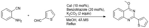 Image for article Synthesis of 4-Methoxy-2-(thiophen-2-yl)quinazoline by Cu-Benzotriazole Catalyzed Electrophilic Intramolecular Cyclization of N-Arylimine in Methanol