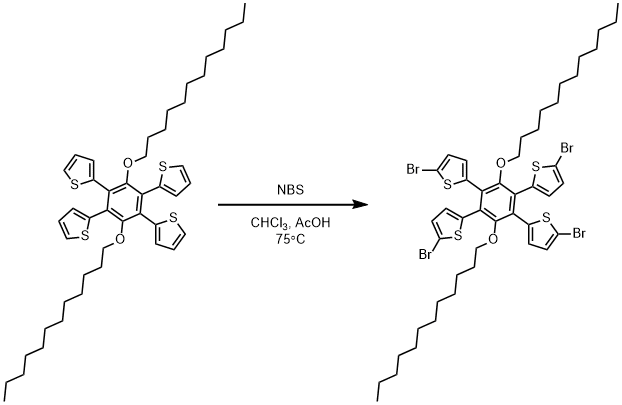 Image for article Bromination of 2,2',2'',2'''-(3,6-bis(dodecyloxy)benzene-1,2,4,5-tetrayl)tetrathiophene